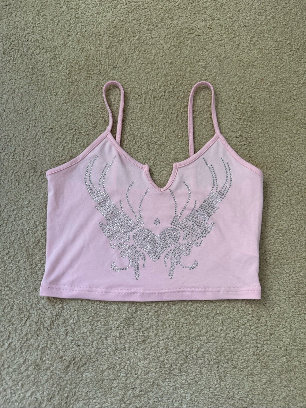 Pink Rhinestone Wing Heart Crop Cami